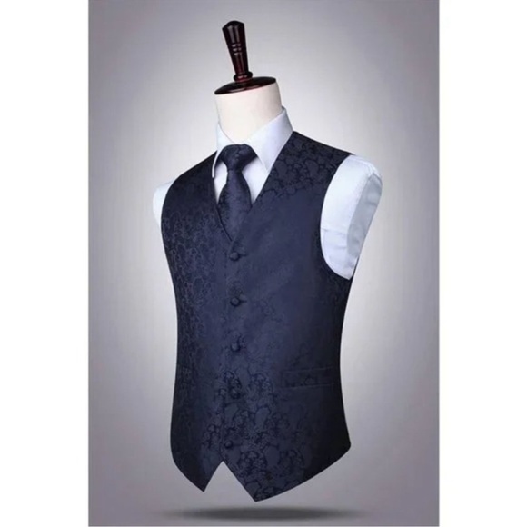 New 3PC Men's Paisley Floral Suit Vest Navy - Picture 7 of 8